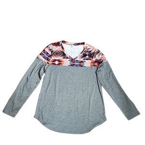 Womens long sleeve printed v-neck tshirt ladies casual blouse patchwork top sz L